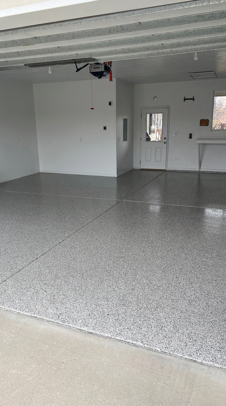 Residential three-car garage with grey flake polyaspartic floor